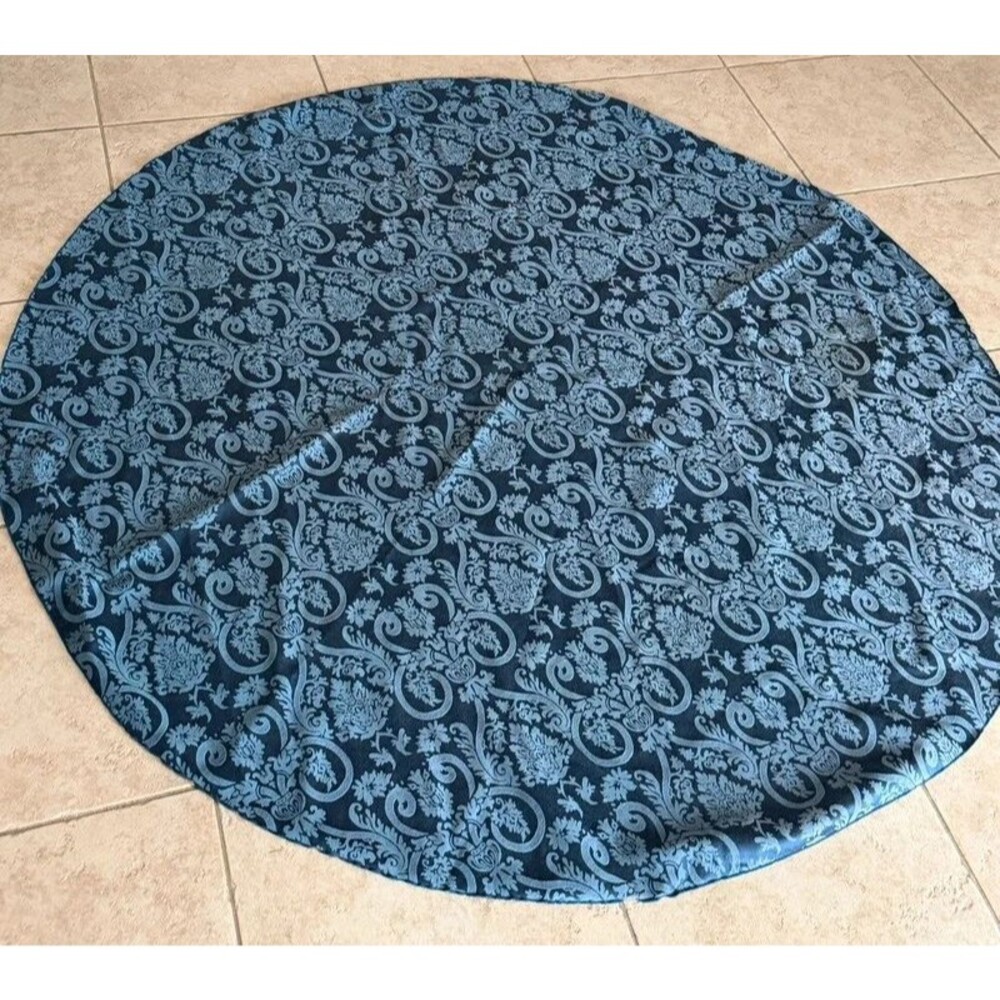 Vintage 68” Round Blue Damask Chenille Upholstery Fabric Remnant Tablecloth